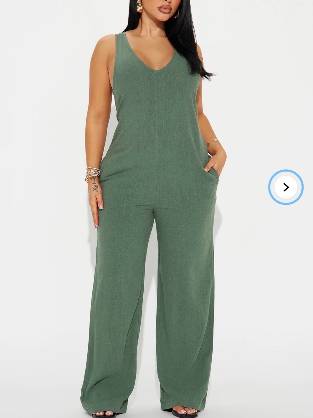 Fashion Nova Olive Green Sleeveless V-Neck Wide-Leg Jumpsuit